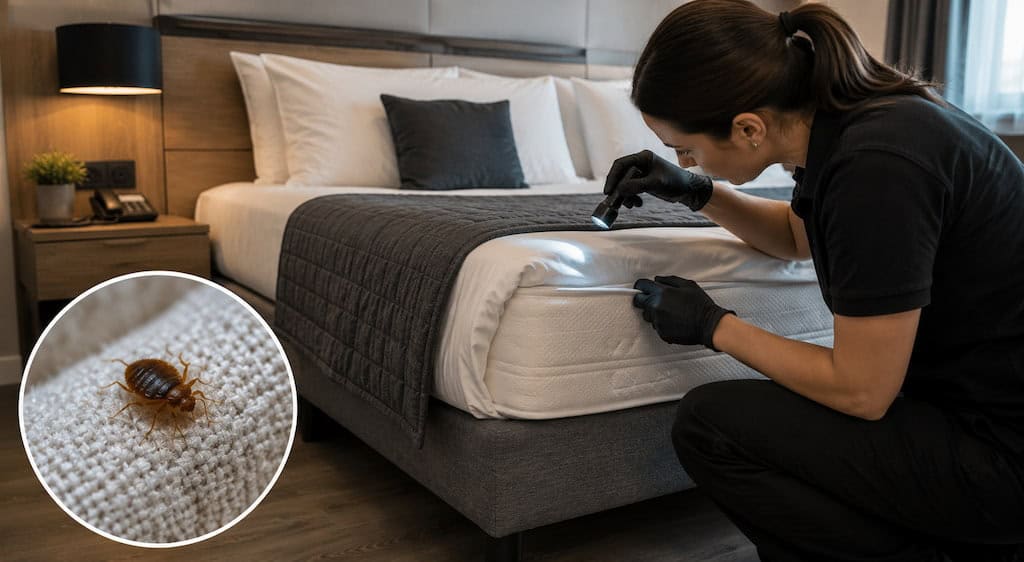 Chinches en alojamientos turísticos: cómo detectarlas, eliminarlas y prevenirlas 2 control-de-plagas-barcelona-personal-hotel-inspeccionando-cama