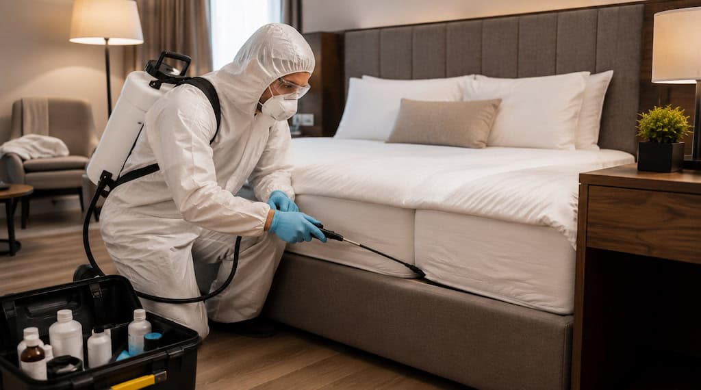 Chinches en alojamientos turísticos: cómo detectarlas, eliminarlas y prevenirlas 3 control-de-plagas-barcelona-tecnico-desinfectando-cama-hotel