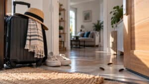 Cucarachas en el suelo junto a una maleta con zapatillas deportivas al volver de vacaciones